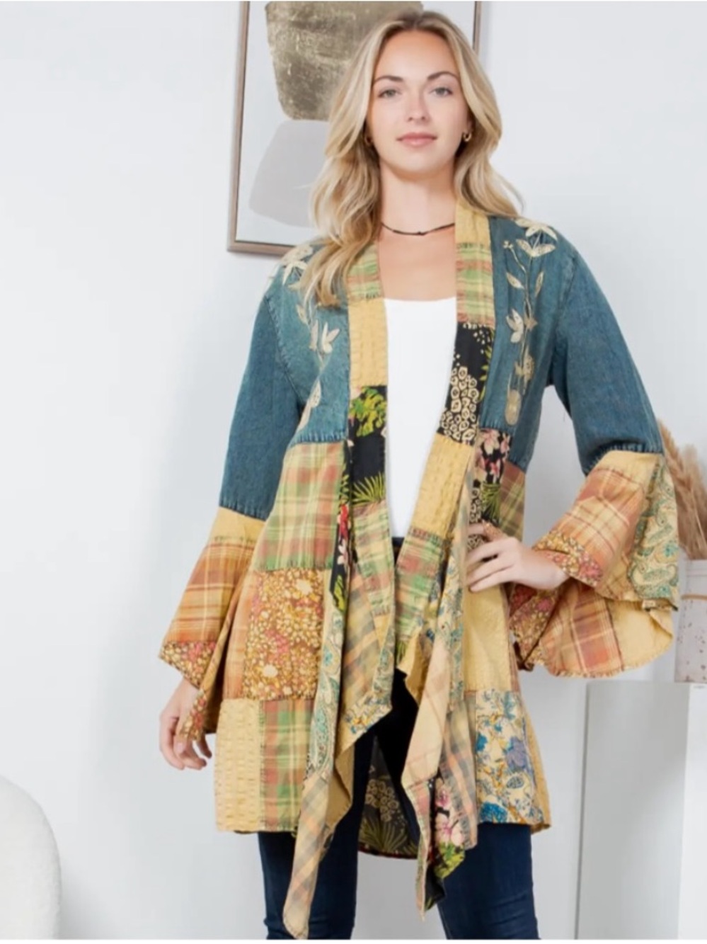 Boho Chic: Motif Embroidered Denim Long Shrug